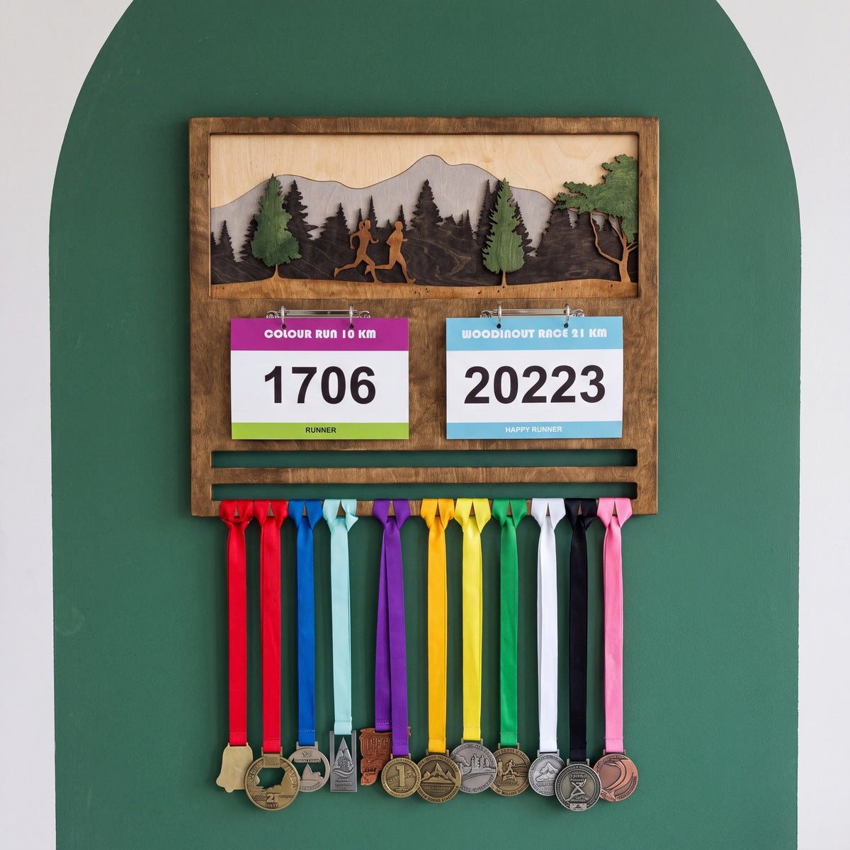 Medal & Bib Display (Big) — personalised handmade wooden medal display for runners | Story of Miles