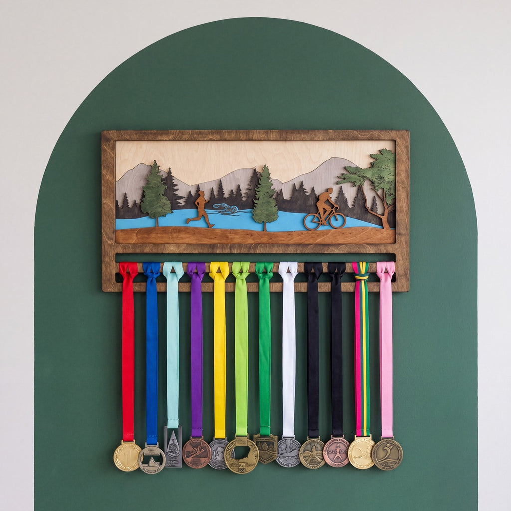 Triathlon Medal Display — personalised handmade wooden medal display for runners | Story of Miles