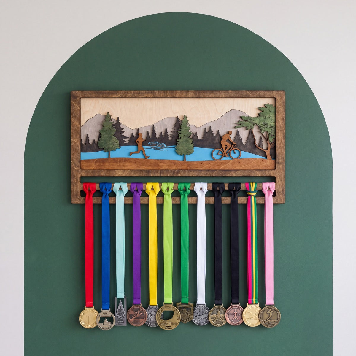 Triathlon Medal Display — personalised handmade wooden medal display for runners | Story of Miles