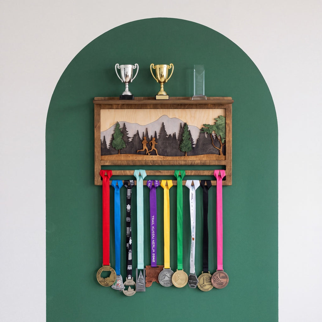 Medal Display with Trophy Shelf — personalised handmade wooden medal display for runners | Story of Miles