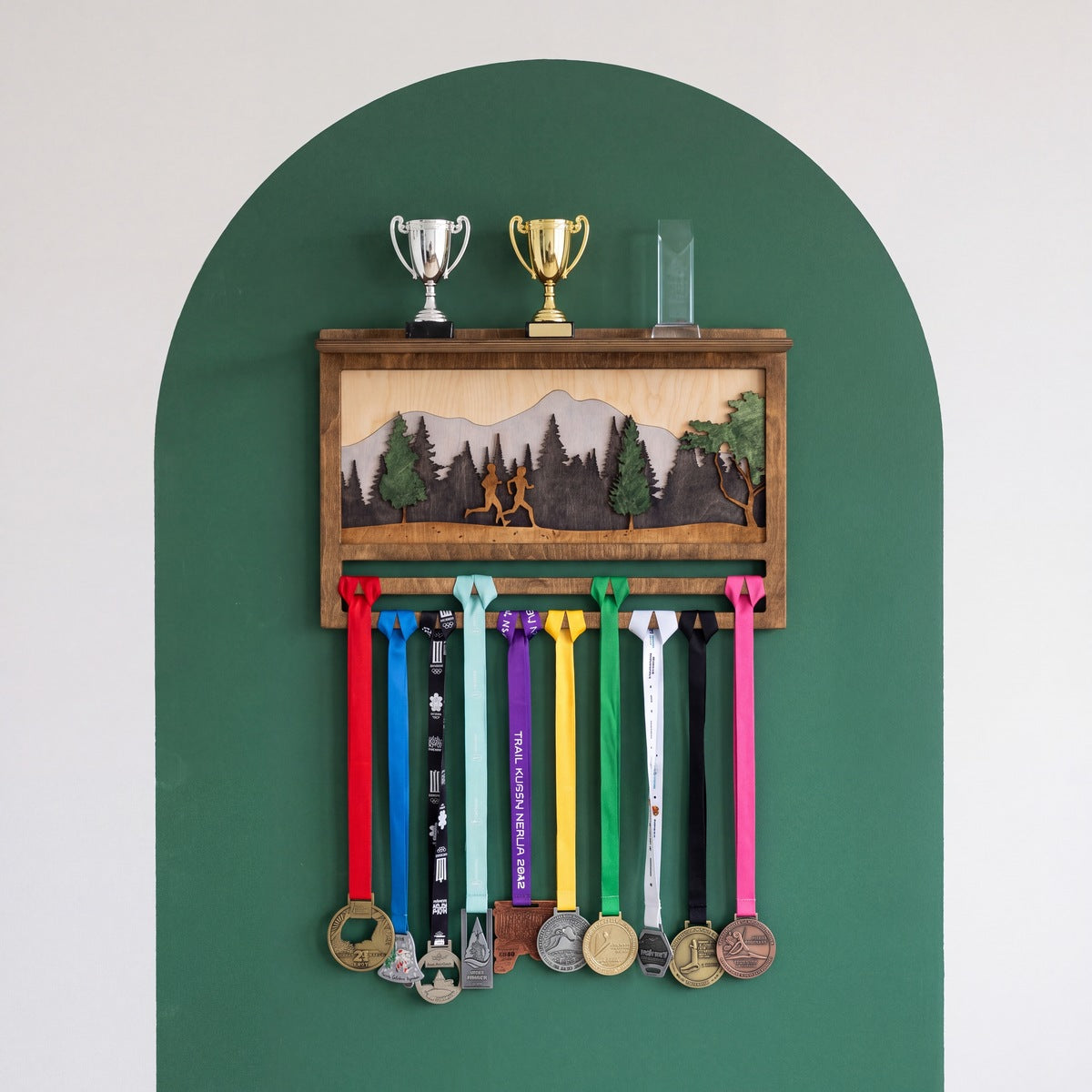 Medal Display with Trophy Shelf — personalised handmade wooden medal display for runners | Story of Miles