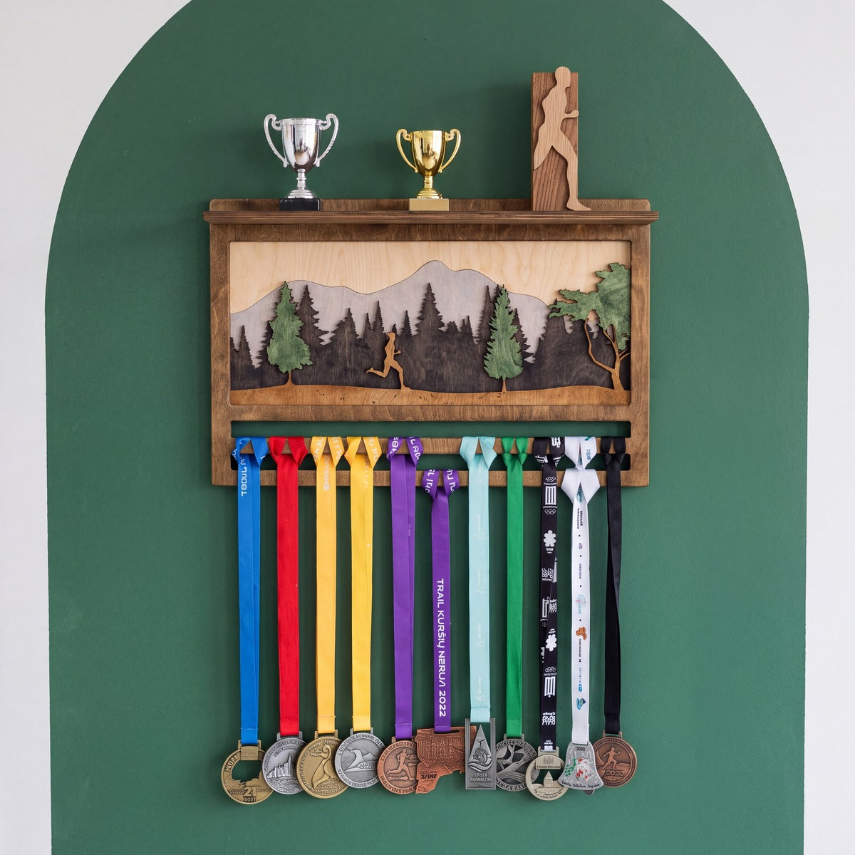 Medal Display with Trophy Shelf — layered 3D wood scene detail | Story of Miles