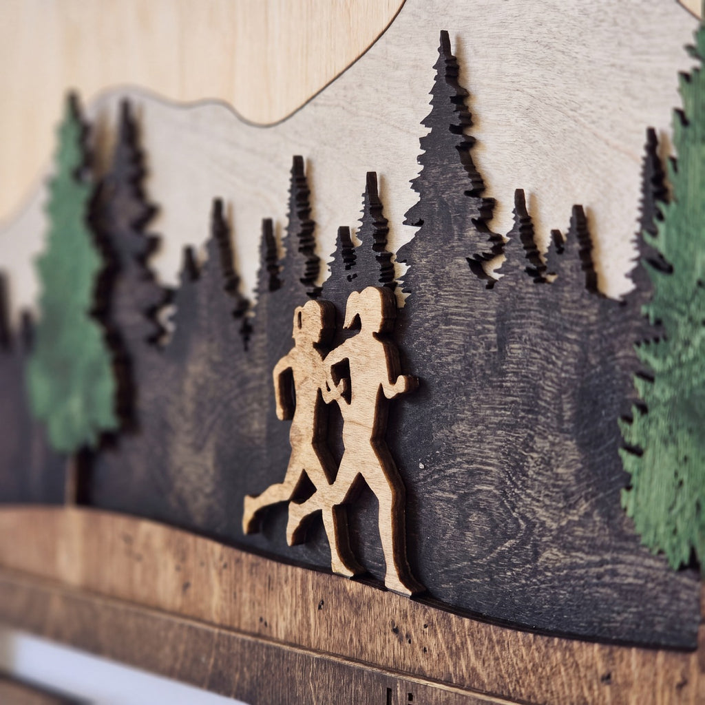 Running Medal Display — layered 3D wood scene detail | Story of Miles