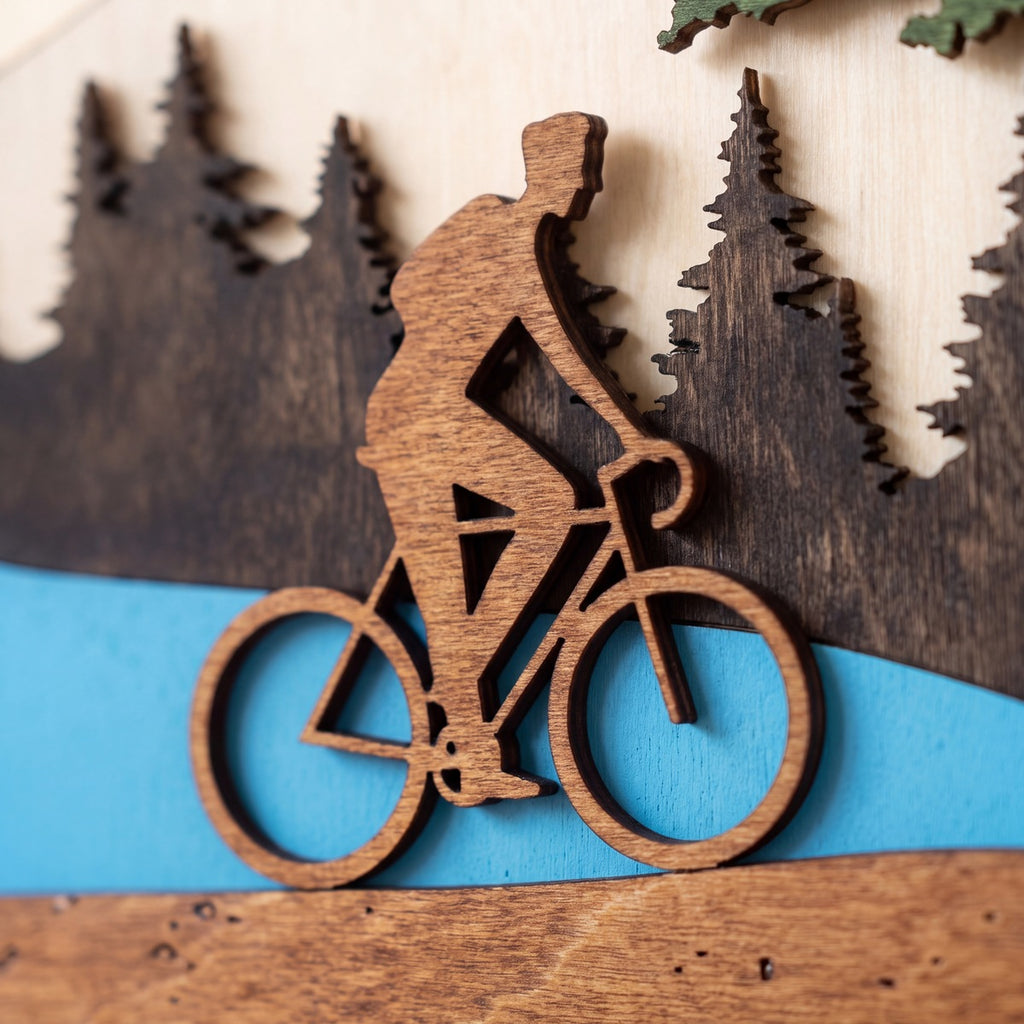 Triathlon Medal Display — layered 3D wood scene detail | Story of Miles