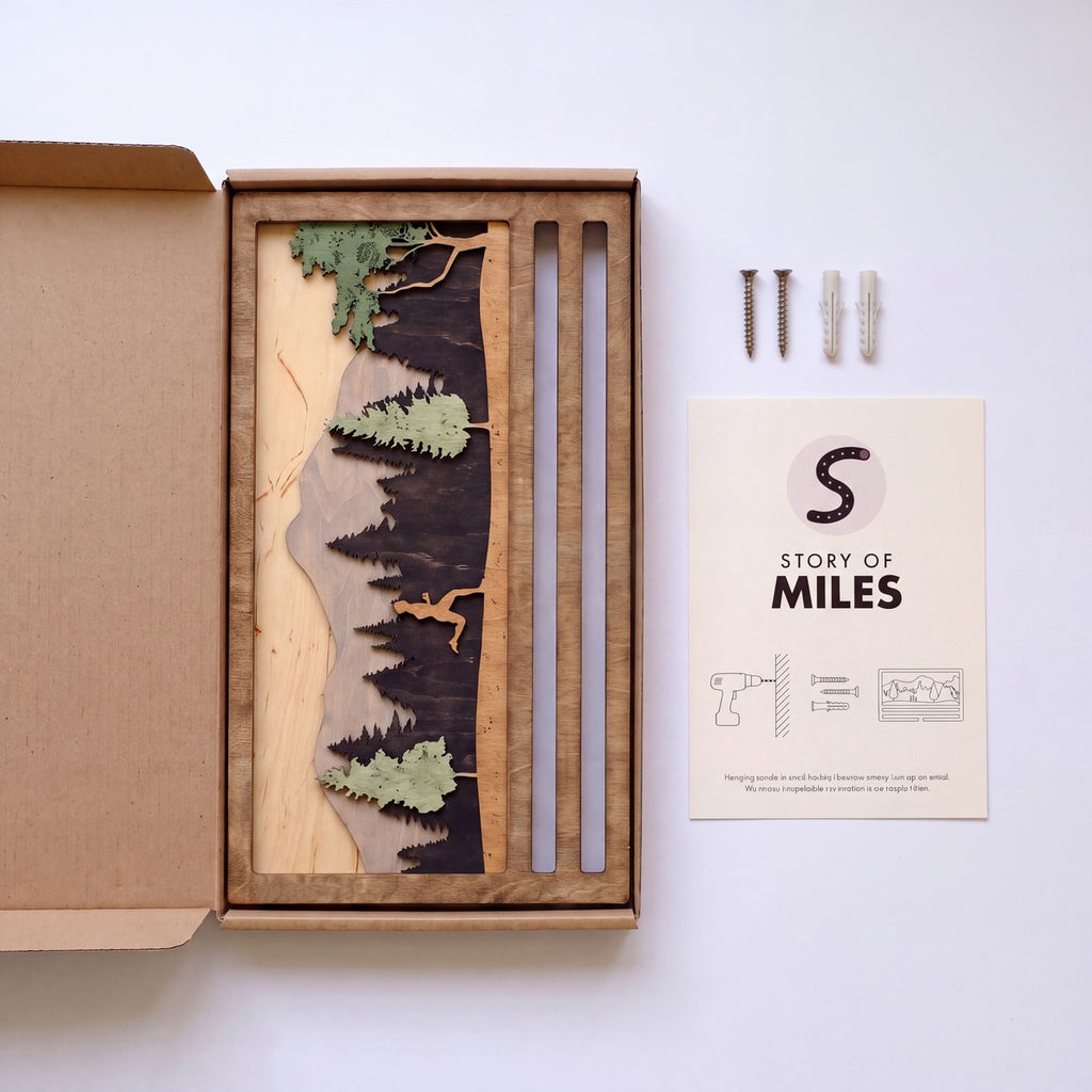 Running Medal Display — close-up of the engraved wooden detail | Story of Miles