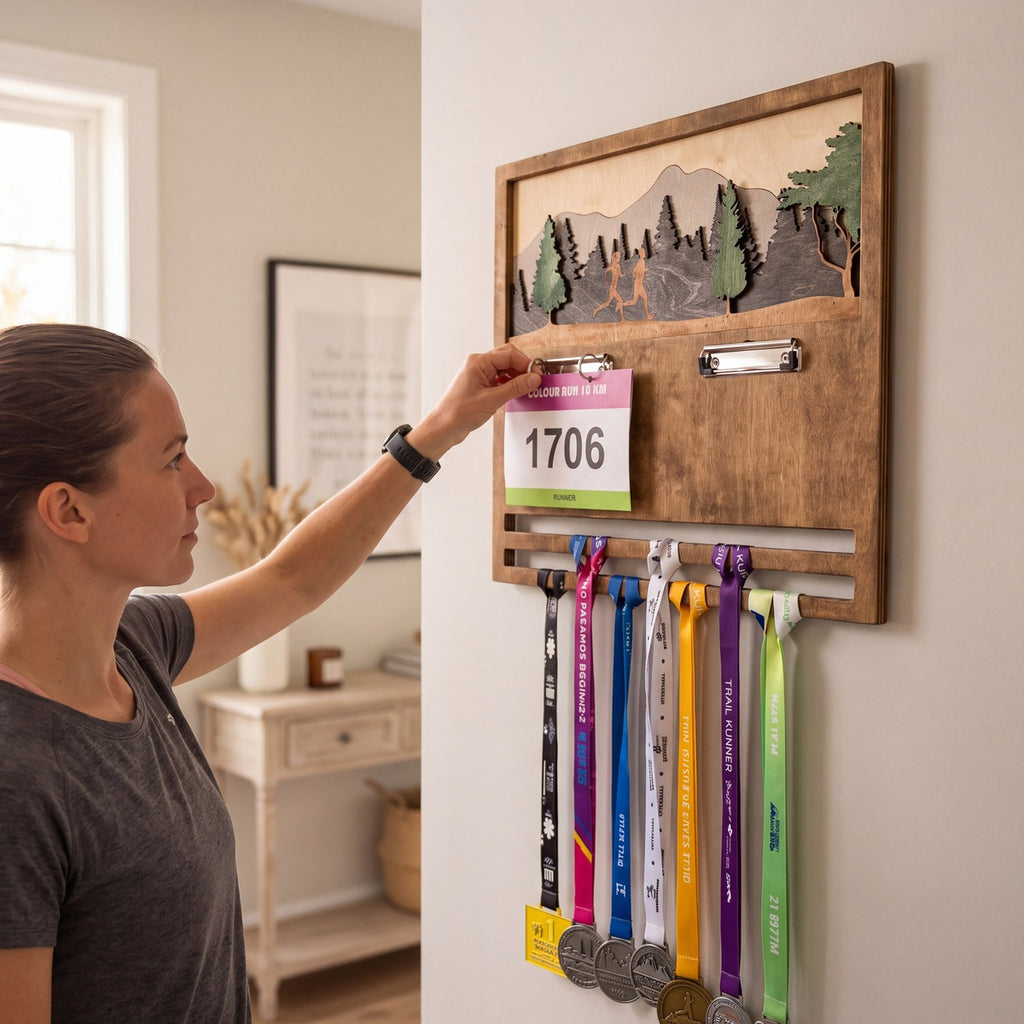 Medal & Bib Display (Big) — handmade to order in Europe, personalised gift for a runner | Story of Miles