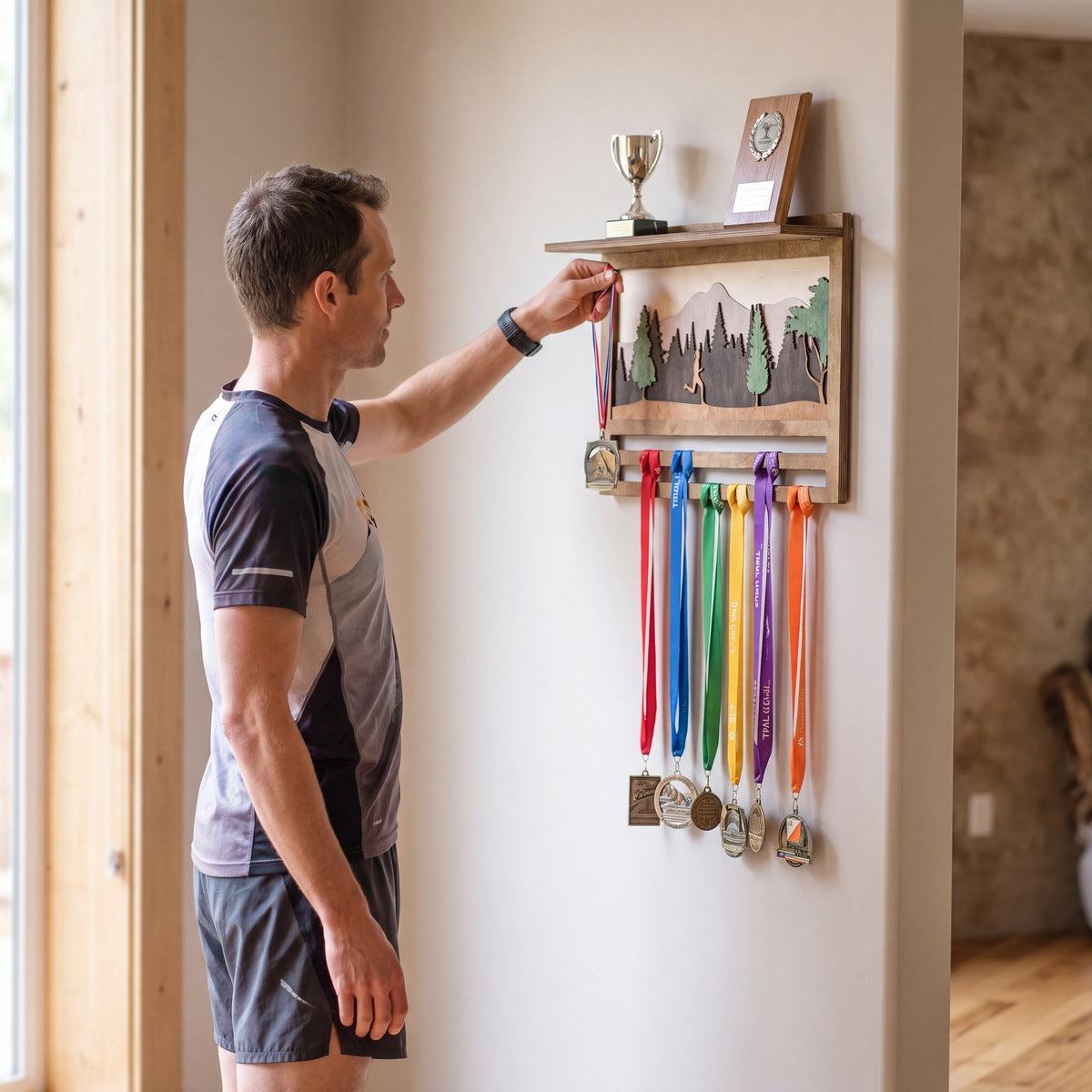 Medal Display with Trophy Shelf — handmade to order in Europe, personalised gift for a runner | Story of Miles