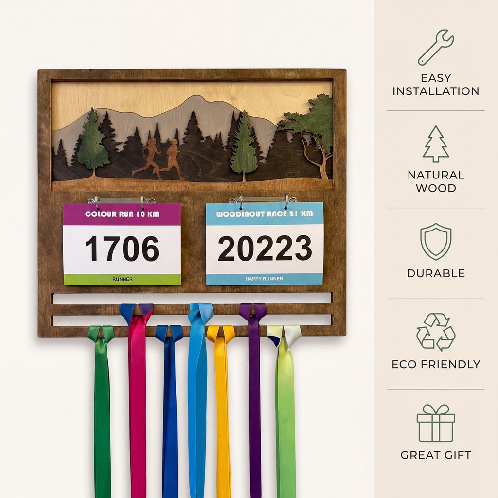 Medal & Bib Display (Big) — personalised handmade wooden medal display for runners | Story of Miles