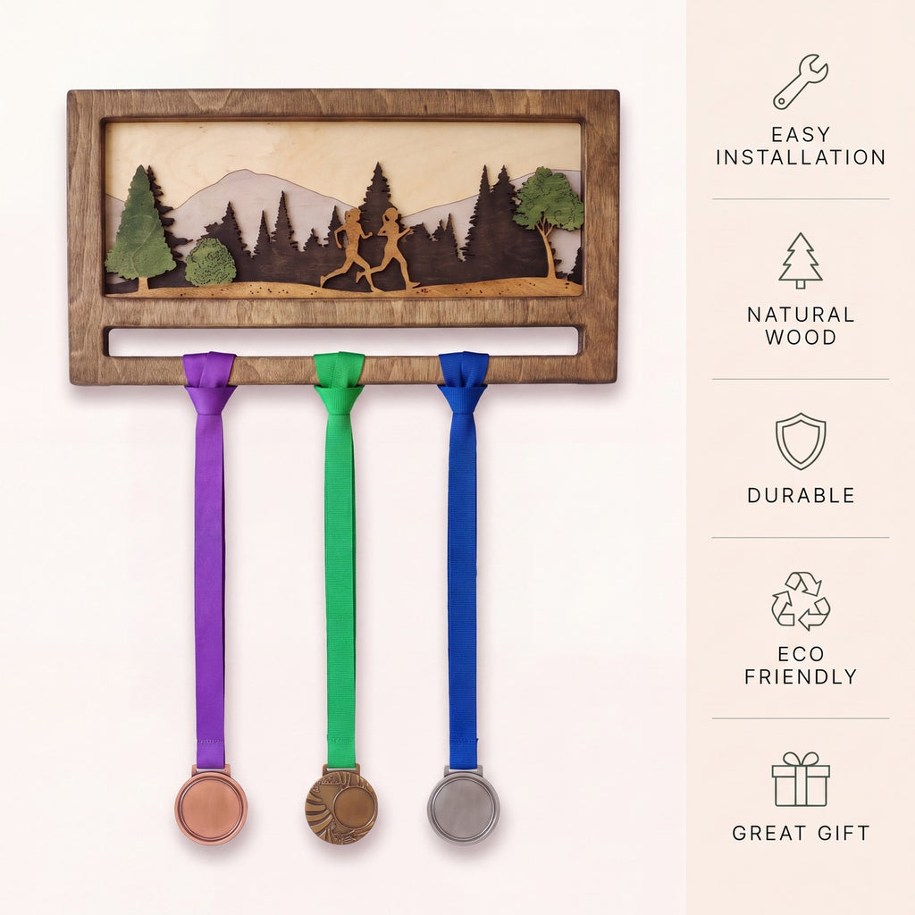 Mini Medal Display — personalised handmade wooden medal display for runners | Story of Miles