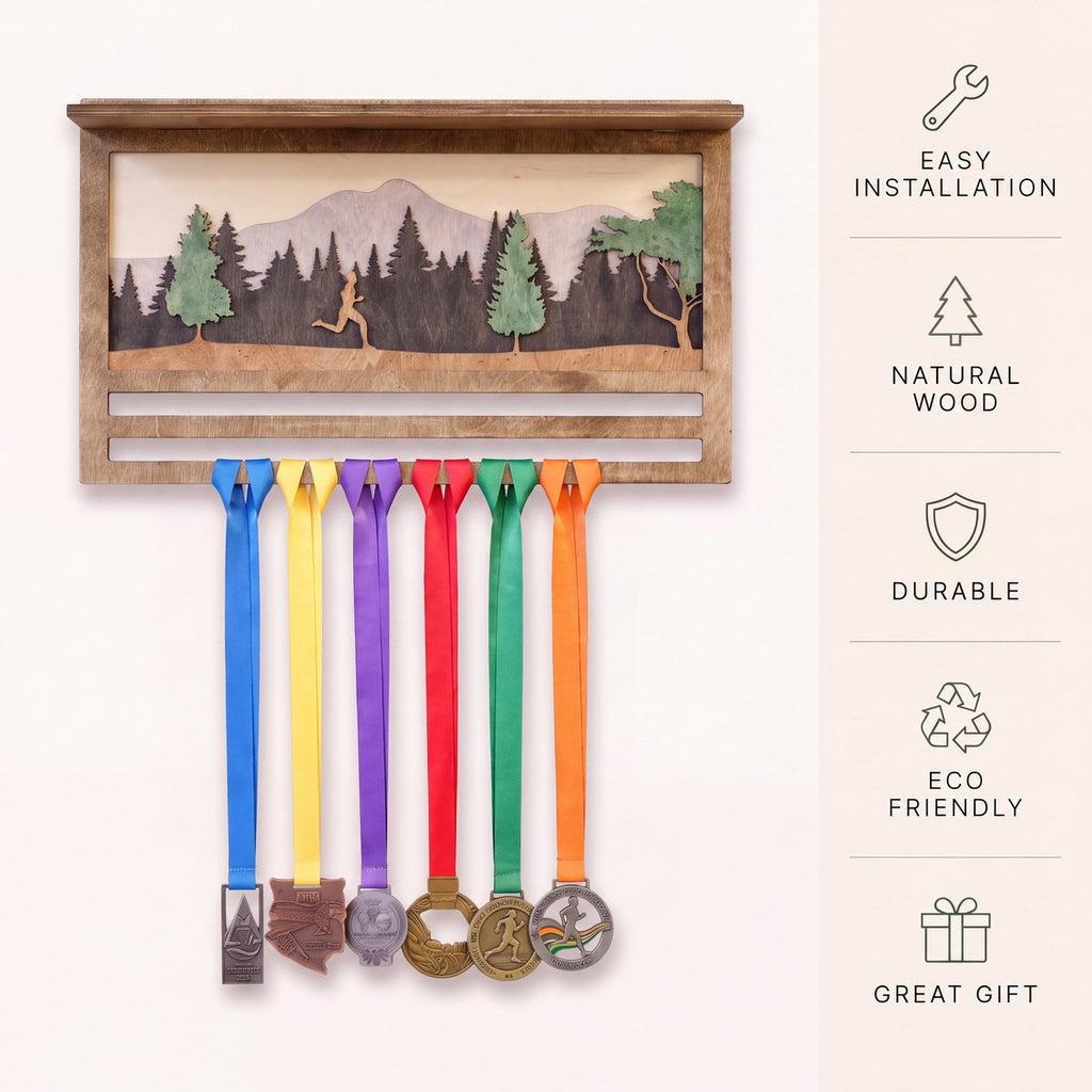 Medal Display with Trophy Shelf — personalised handmade wooden medal display for runners | Story of Miles