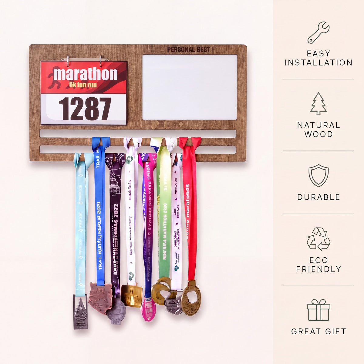Medal Display with Personal — close-up of the engraved wooden detail | Story of Miles