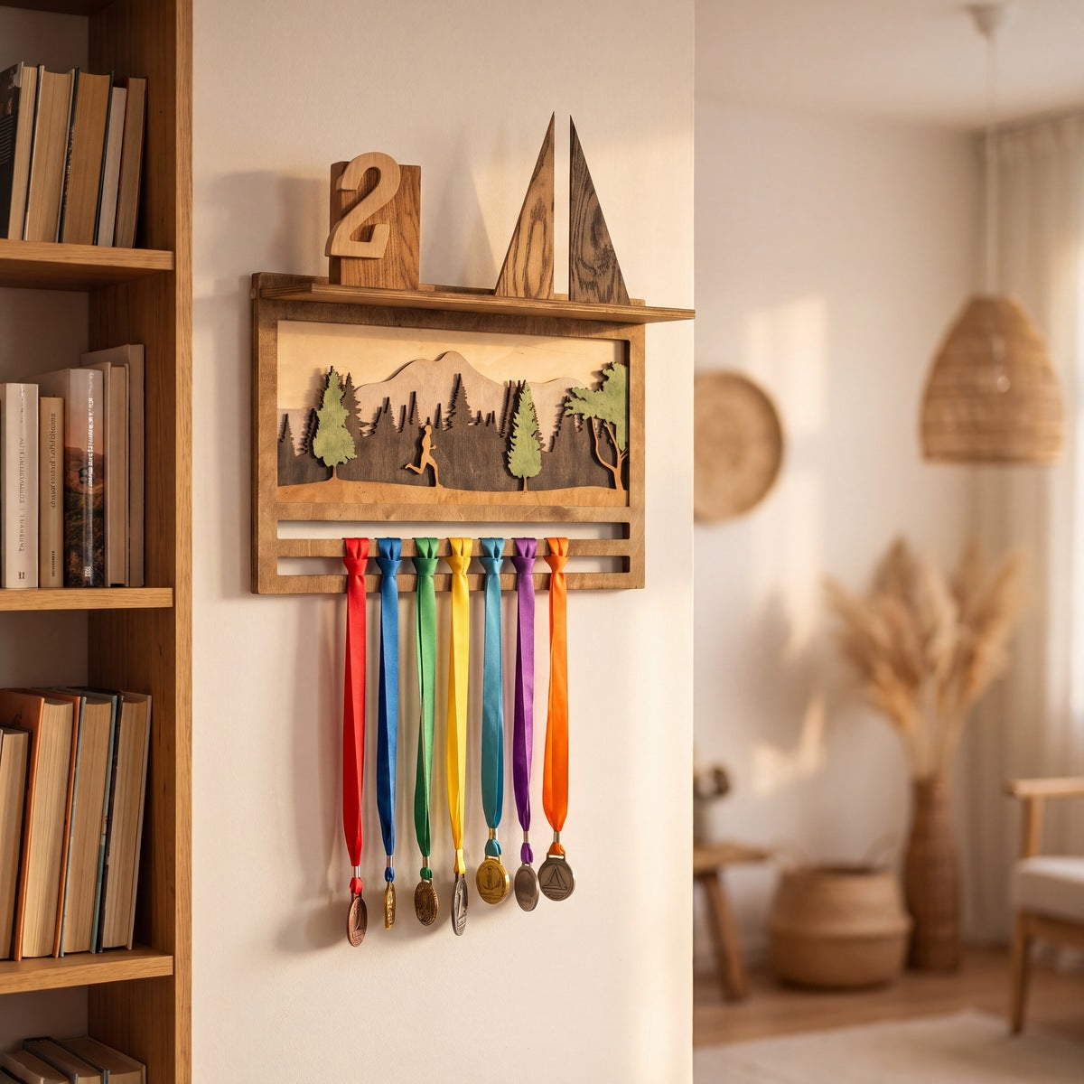 Medal Display with Trophy Shelf — layered 3D wood scene detail | Story of Miles