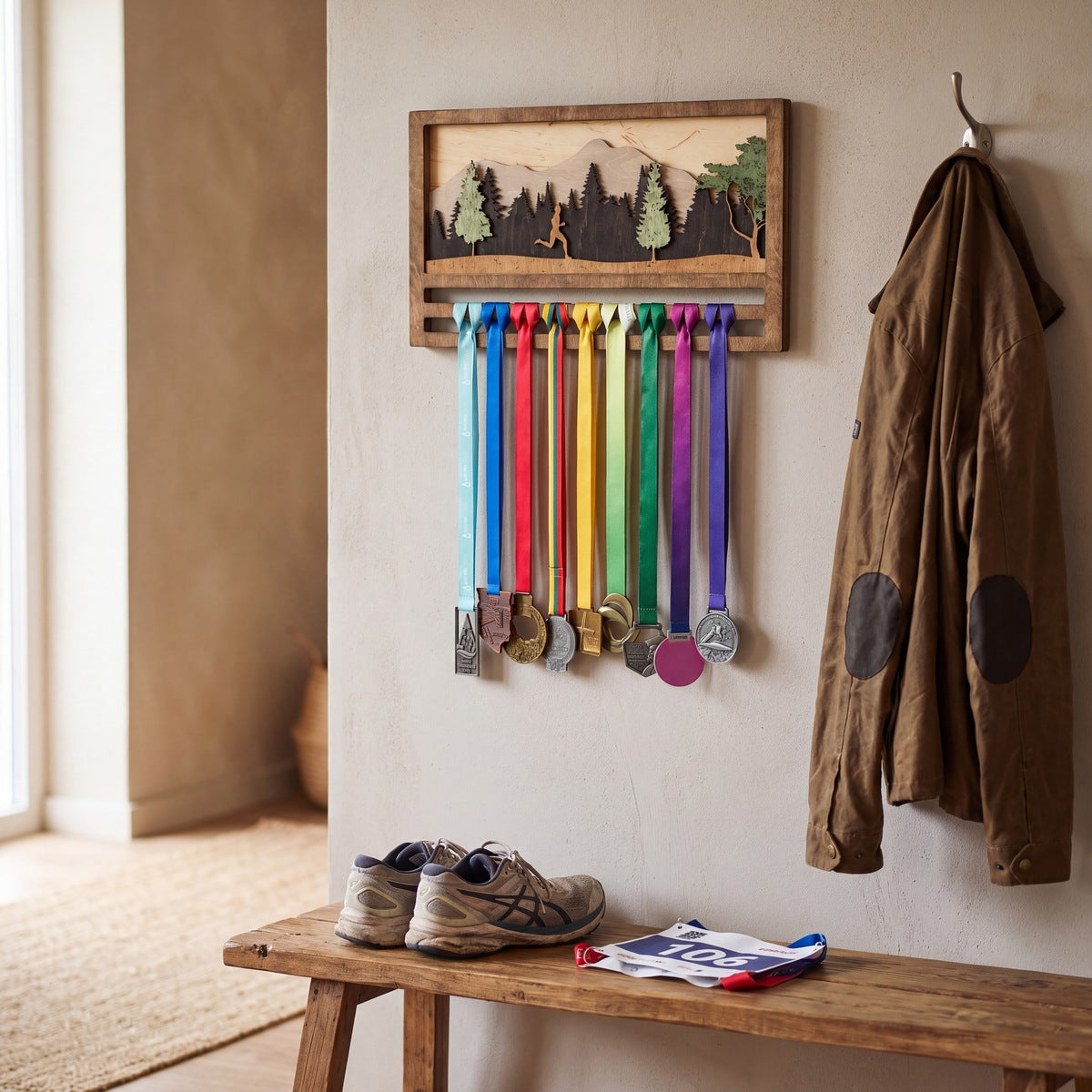 Running Medal Display — layered 3D wood scene detail | Story of Miles